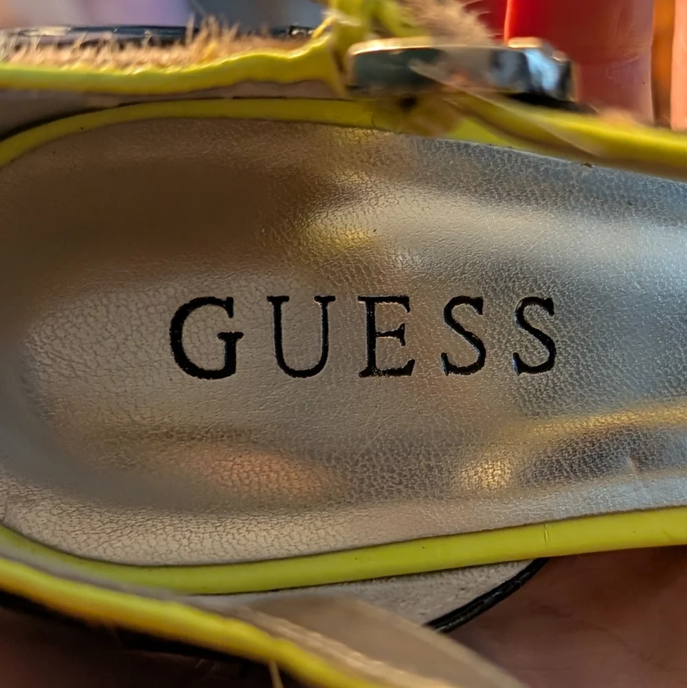 GUESS Yellow and Leopard Patent T-Strap Platform Heel